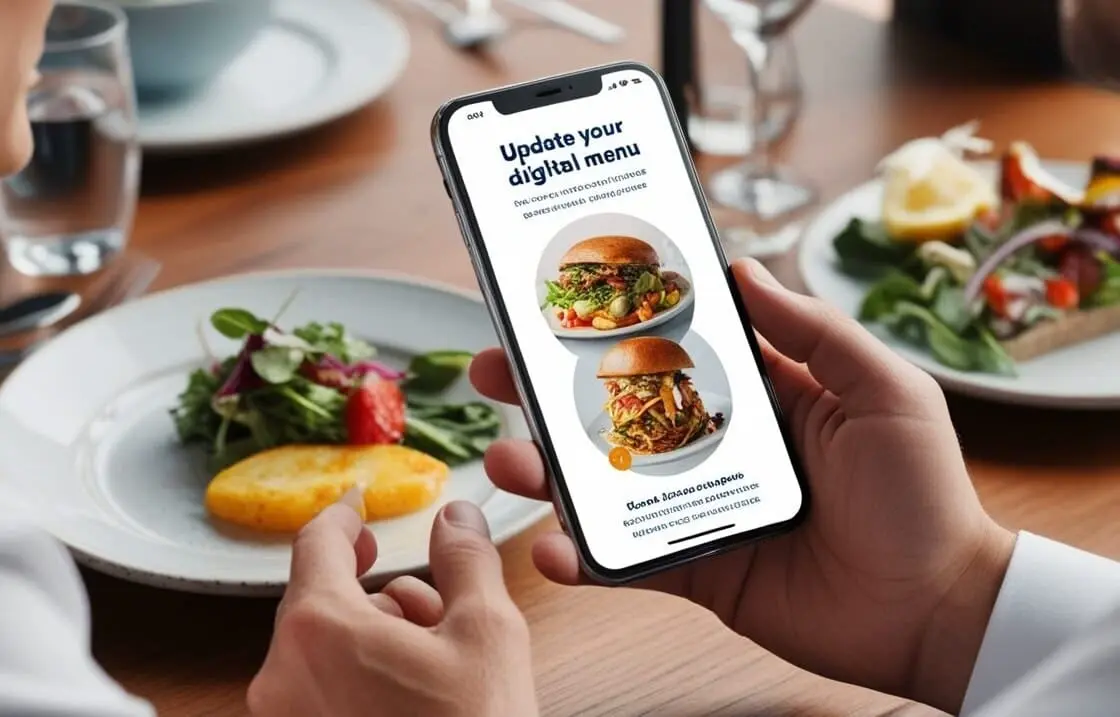 An image of a customer in a restaurant using our app to order the food